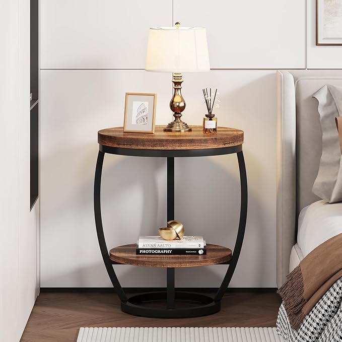 Round End Table, 2 Tier Industrial Side Table, Nightstand with Metal Frame, Accent Bedside Table with Storage Shelves for Living Room, Bedroom, Small Spaces, Rustic Brown & Black