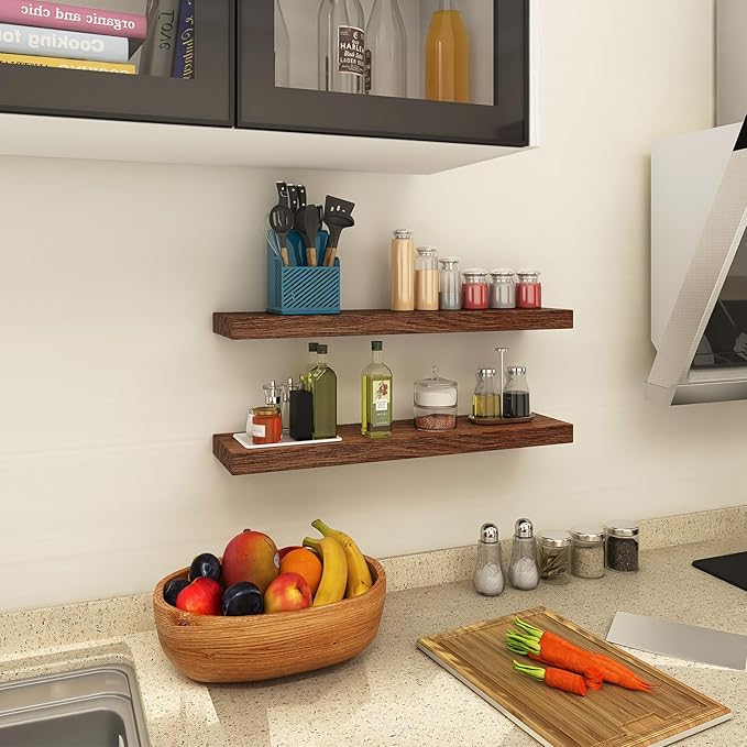 Floating Shelves for Wall, Set of 2 Solid Wood Wall Shelves for Bathroom, Small Hanging Shelf for Books Storage Room Decor (Walnut, 24in)