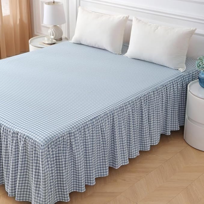 Silnuo Blue/White Plaid Bed Skirt Washed Cotton Shabby Gingham Checkered Dust Ruffle King Size 14" Bedding(1 Bed Skirt Only)