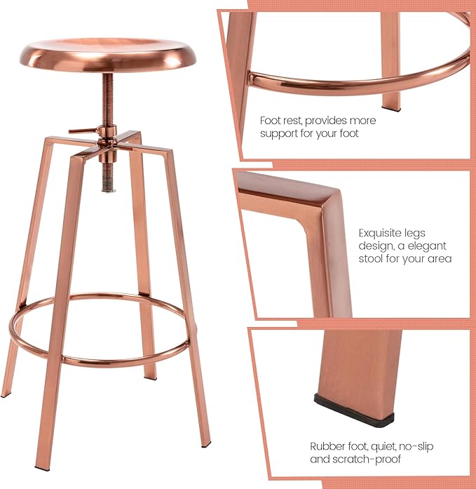 Brage Living Atlas Industrial Bar Stools Set of 2, Adjustable Swivel Four Legged Round Metal Barstools, Backless Counter Height Bar Chairs for Kitchen Dining (Rose Gold)