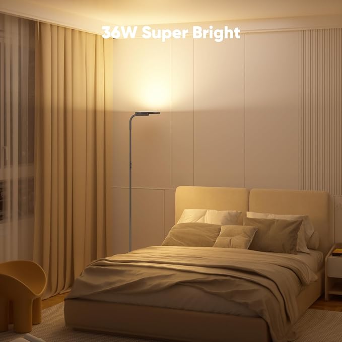 SIBRILLE 36W LED Floor Lamp, Super Bright Standing Lamp, Modern Stepless Dimmable Torchiere Lamp with Remote Control, 350°Rotating Head Reading Floor Lamp for Living Room, Bedroom, Office - Gunmetal