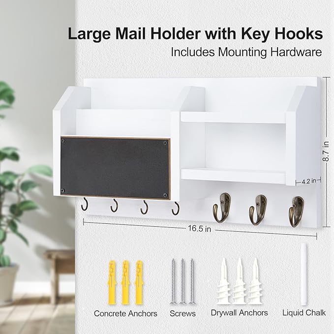 Mail and Key Holder – Wall Mount Key Hanger with Shelf and 7 Metal Hooks – Decorative Natural Paulownia Wood Entryway Organizer with Mounting Hardware (16.5”W x 8.7”H x 3.5”D) (White)