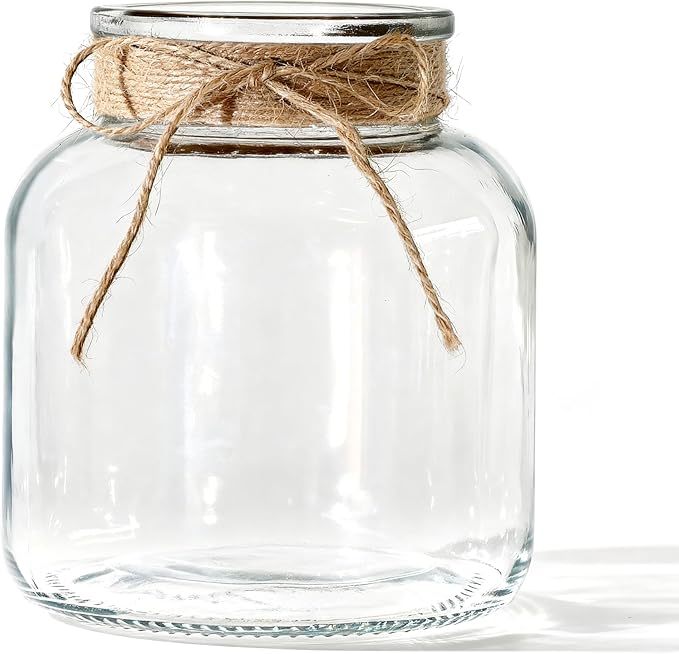 Houmury Glass Vases for Centerpieces 6 Inch Clear Large Vase Farmhouse Utensils Holder with Twine Ties Home Decor for Wedding Living Room Kitchen Dining Table Office (1)