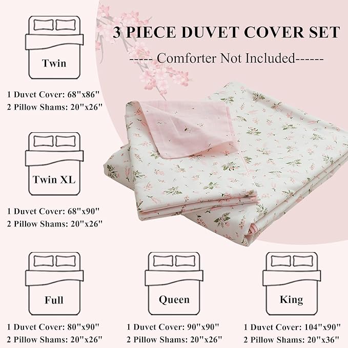 LifeTB Cotton Floral Duvet Cover Queen Girl Pink Flower Bedding Sets Garden Style Cotton Floral Comforter Cover Pink White Floral Bedding Sets Flower Branches Pattern Duvet Cover with Zipper Closure