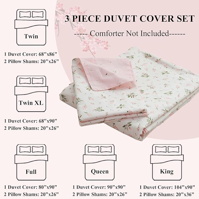 Girl Floral Duvet Cover Twin Pink White Flower Print Bedding Sets Garden Style Flower Comforter Cover Cotton Aesthetic Bedding Cover Chic Floral Bedroom Collection 1 Duvet Cover with 2 Pillowcases