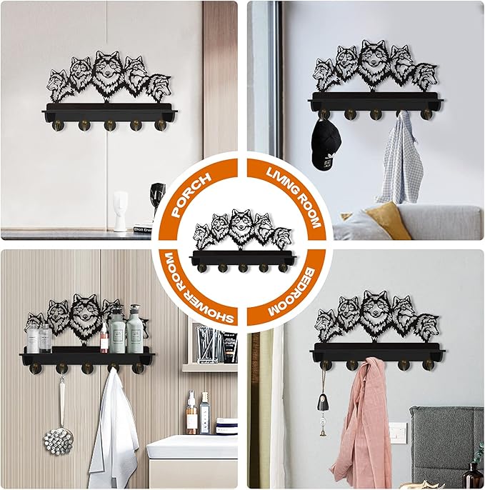 KingLive Wolf Wall Mount Coat Rack,Animal Wall Shelf with Heavy Duty Coat Hooks, Home Living Room Bedroom Decor for Hallway Kitchen Office Entryway, Wolf Wall Hook Gifts for Men(5 Hooks)