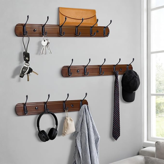 Coat Hooks Wall Mount, Wood Bamboo Wall Coat Rack with 5 Metal Hooks for Hanging Clothes, Towels, Keys, Bags(Brown&Black)