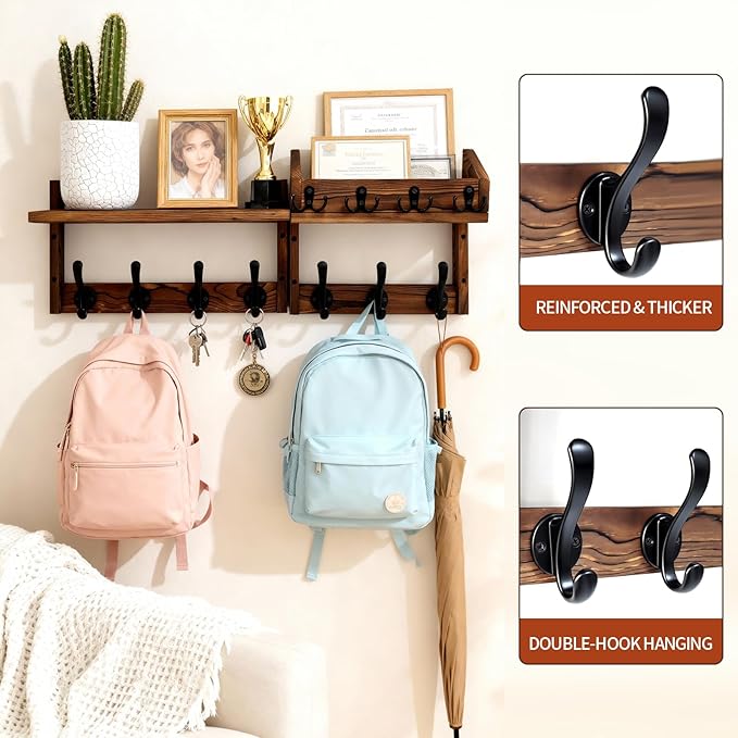 29" Wooden Wall Mounted Coat Rack with Shelf- 4-in-1 Entryway Organizer with 11 Hooks (7 Coat Hooks + 4 Key Hooks), Mail Holder & Display Shelf for Living Room, Bedroom (NOT Come Assembled)