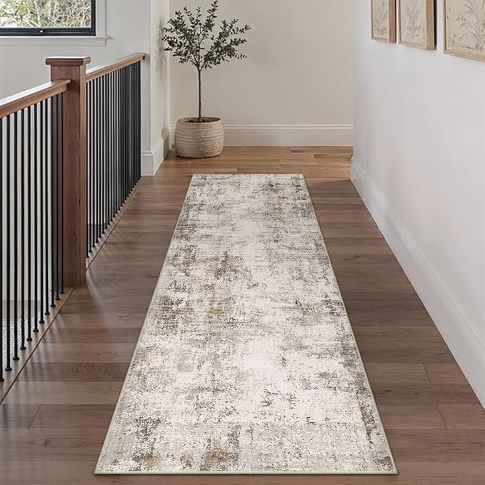 WondRg 3x7 Washable Runner Rug Brown Grey Abstract Hallway Kitchen Throw Rug Neutral Modern Non Slip Soft Low Pile Carpet for Bathroom Laundry Bedroom Living Room