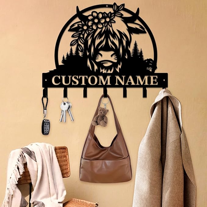 magilab Personalized Custom Highland Cow Wall Hooks,Metal Highland Cow Art Clothes Hooks,Metal Highland Cow Wall Home Storage Decorative,for Front Door, Hallway, Kitchen, Bedroom,Keys,Hats (Style N)