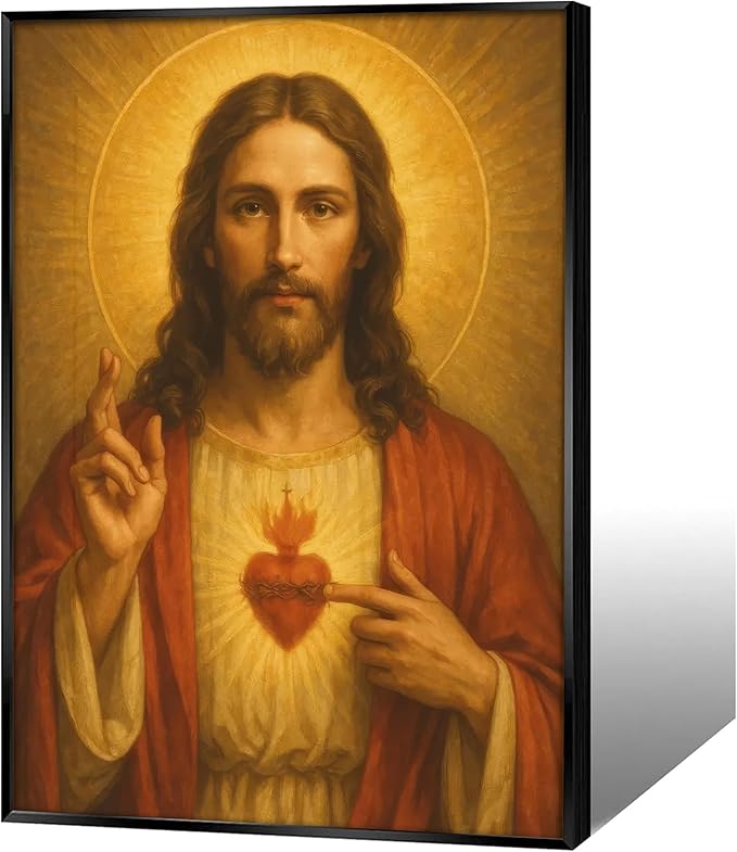 Framed Sacred Heart of Jesus Canvas Wall Art Divine Mercy Wall Decor Jesus Portrait Painting Christian Religious Artwork Catholic Poster Prints for Bedroom Living Room Prayer Room Church 12x16in