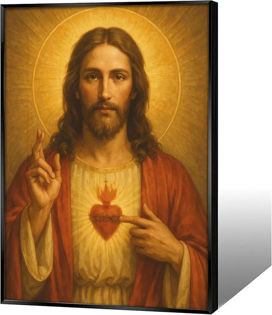 Framed Sacred Heart of Jesus Canvas Wall Art Divine Mercy Wall Decor Jesus Portrait Painting Christian Religious Artwork Catholic Poster Prints for Bedroom Living Room Prayer Room Church 12x16in