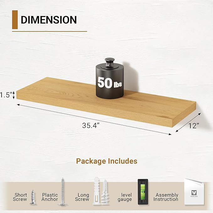 Vivelove 12 Inch Deep Floating Shelves 35.4 inch Long, Thick Wall Shelves with Invisible Brackets, for Bedroom Bathroom Living Room Kitchen Office, Rustic Farmhouse Decor, 35.4x12x1.5 Set of 2, Oak