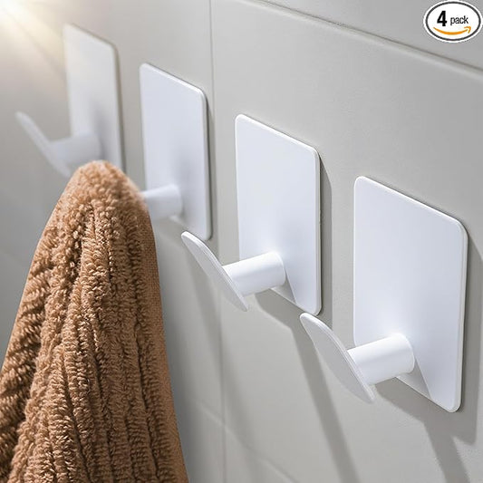 DELITON 4 Pack Adhesive Towel Hooks - White Heavy Duty Self Adhesive Hooks Stick on Wall Hanging Robes Coats Clothes for Bathroom Bedroom Kitchen Door, Stainless Steel