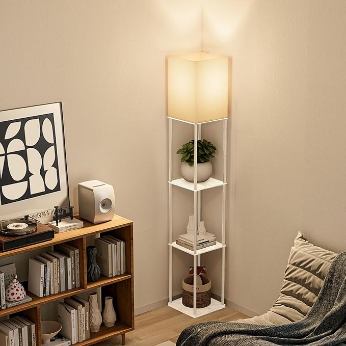 Floor Lamp with Shelves, 4 Layer Square Standing Lamp with 3 Color Temperature Bulb, Corner Display Bookshelf Lamp for Living Room, Bedroom and Office（White-2 Packs）