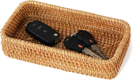 Small Rattan Serving Tray, Woven Rectangle Traykey Bowl for entryway, Natural Wicker Trays Key Bowl Decorative Baskets for Coffee Table, Kitchen, Bathroom