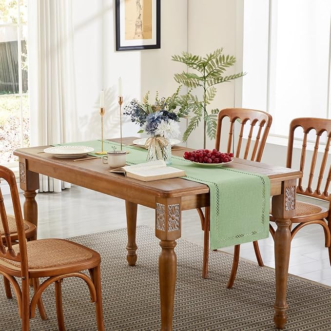 Burlap Style Farmhouse Table Runner, 13 x 90 Inch Avocado Green, Rustic Geometric Hollow Table Runners 90 Inches Long for Dresser Table Everyday Use, 13x90 Inches, Avocado Green