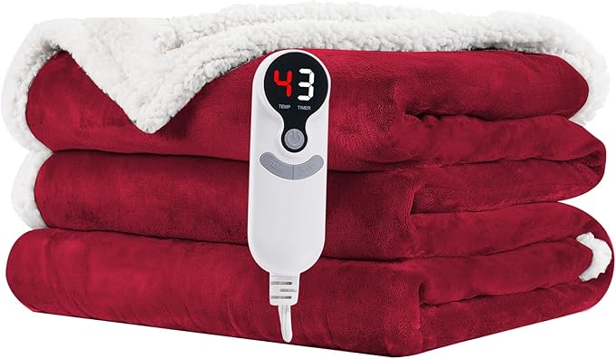 LUXIAN Electric Heated Blanket Twin Size 62"x84" - Microplush & Sherpa Fabric Dual-Sided, 9 Heat Settings & 1-10 Hours Auto Off, Cozy Warming Throw for Home, Office, or Bed, Machine Washable，Wine Red