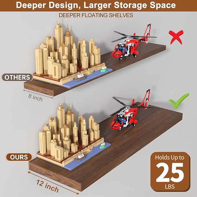 12 Inch Deep Floating Shelves for Wall 2 Pack Floating Shelfs Large Storage Space Wall Decor Display Shelf for Bathroom Living Room Bedroom Kitchen 23.8" W x 12" D x 1.2" H Walnut