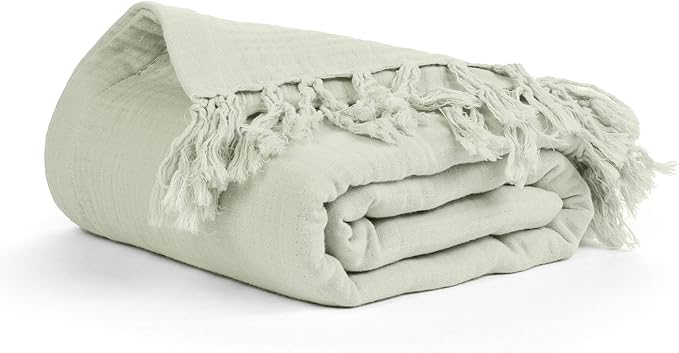 Salt Earth 100% Cotton Muslin Throw Blanket, 50"X60" 4 Layered Gauze Tassel Blanket Throw for Couch, Bed, Living Room, Home, Light Christmas Blankets and Throws for Christmas Gifts (Sea Foam)