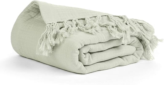 Salt Earth 100% Cotton Muslin Throw Blanket, 50"X60" 4 Layered Gauze Tassel Blanket Throw for Couch, Bed, Living Room, Home, Light Christmas Blankets and Throws for Christmas Gifts (Sea Foam)