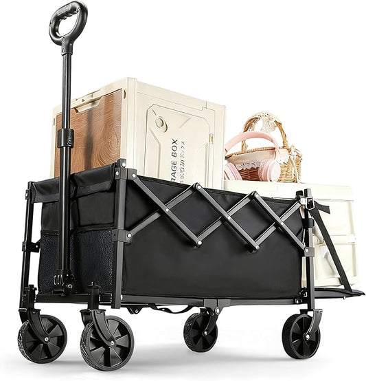 XMT 100L Folding Wagon Cart Push & Pull Beach, 350 lbs Weight Capacity Heavy Duty Folding Beach Wagons with Big All-Terrain Wheels & Drink Holders for Groceries, Shopping, Camping, Sports - Black