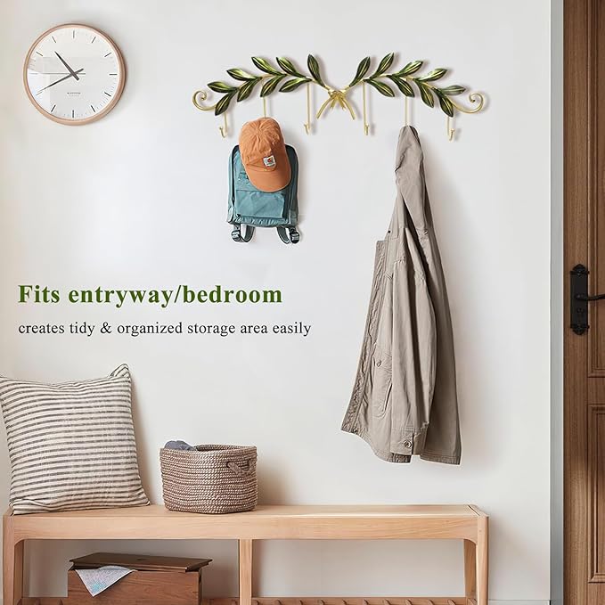 Olive Leaf Gold Wall Coat Hooks 6-Pack, Decorative Wall Mounted Coat Rack，Heavy Duty Metal Entryway Hanger for Hallway, Bathroom, Bedroom, Includes Hardware & Adhesive Strips