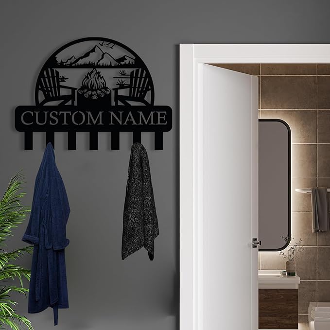 Personalized Campfire Design Metal Key Holder for Wall, Metal Wall Mount Custom Name Hooks, Cabin Key Hooks, Camp Area Key Hanger Decor, Key Rack for Farmhouse, Key Organizer for Living Room, Entryway