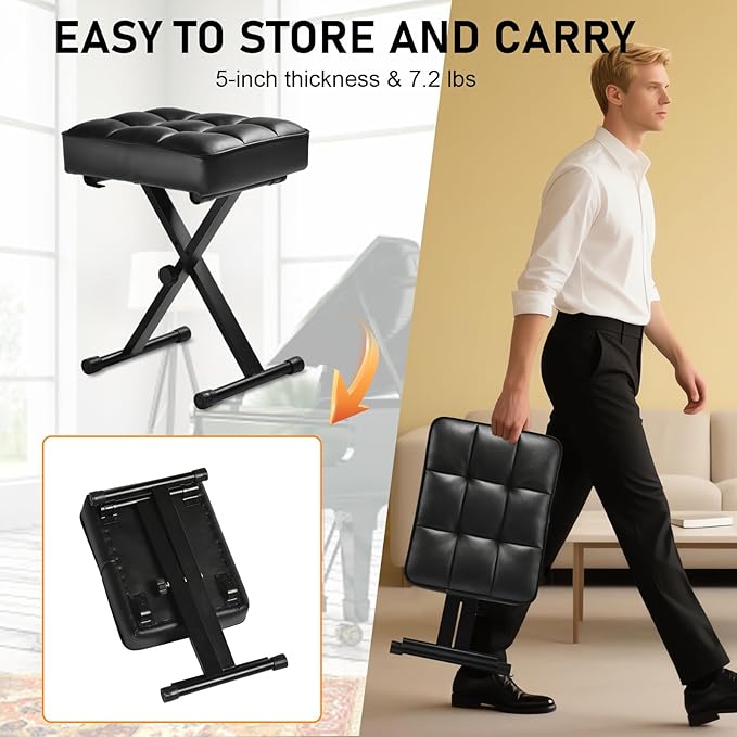 Keyboard Bench Adjustable Piano Stool - Extra Comfortable Piano Bench with High Rebound Sponge Cushion,No Deformation,Superior Support,X-Style Portable Foldable Piano Chair, 3 Height Adjustment(Black)