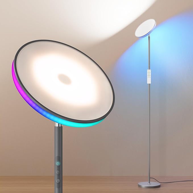 42W Floor Lamp, 3700LM Super Bright Standing Lamp with Remote & Touch Control, 2700K-6500K Dimmable Torchiere Lamps for Living Room, with RGB Ambient Lighting, Grey