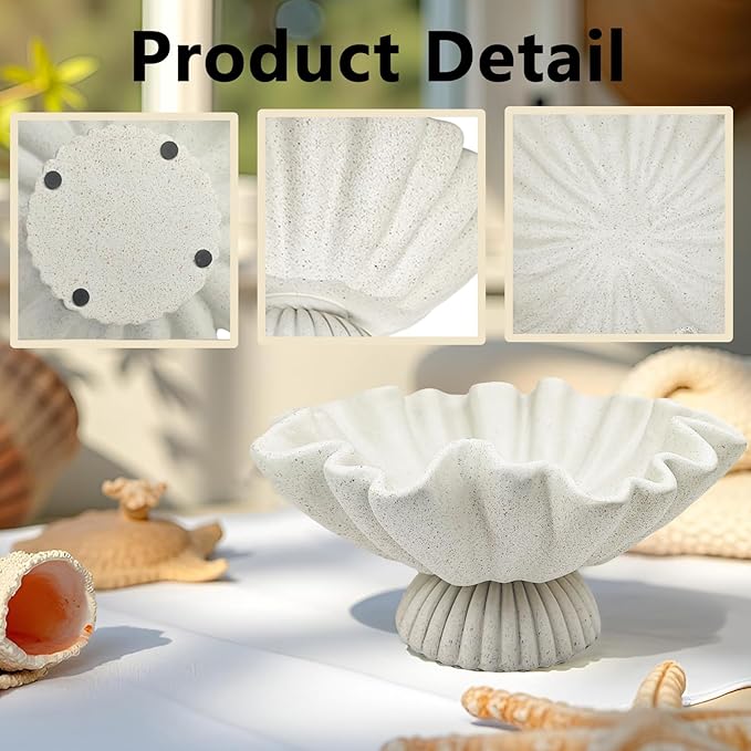 Scalloped Ruffle Decorative Bowl for Home Decor - Large Resin Pedestal Bowl - 10" Key and Purse Bowls for Entryway Table, Artificial Coastal Decor Light Beige