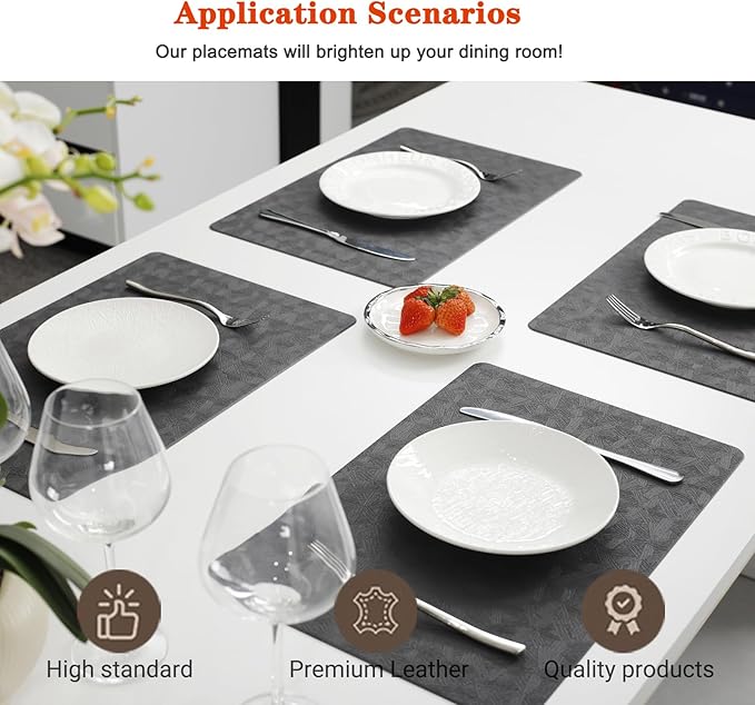 Vinyl Placemats Set of 8 Heat Resistant Easy Clean Non-Slip Place Mats for Dining Table Faux Leather Waterproof Stain Resistant Wipeable Washable PVC Table Mats(8, Gray)
