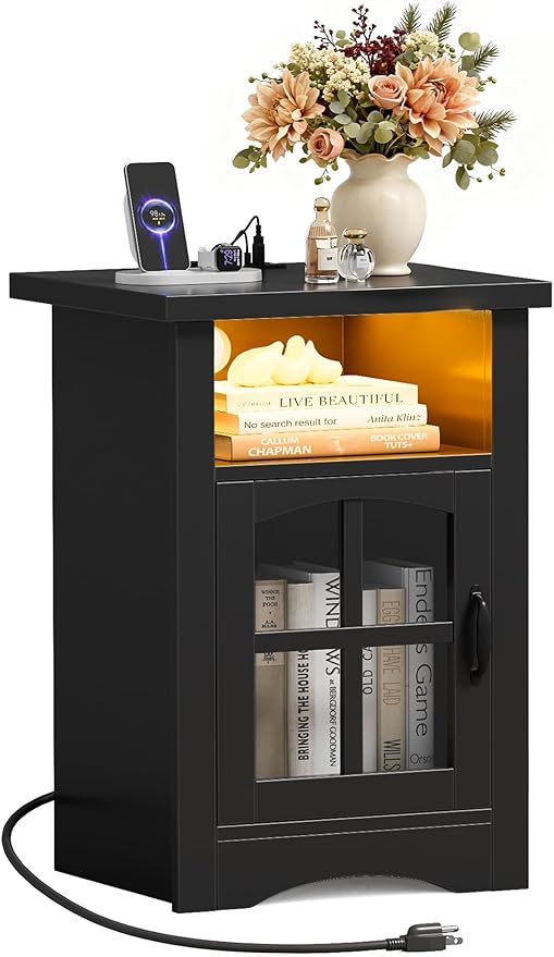 JUMMICO End Table with Charging Station and LED Open Shelf & Glass Door Cabinet, Farmhouse Nightstand with 20W Fast Charge, Side Table for Living Room (1,Black)