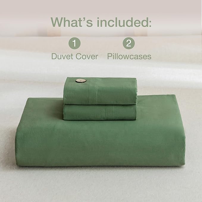 JELLYMONI Cotton Duvet Cover King Size - Green Comforter Cover with Button 100% Washed Cotton 3PCS Breathable Soft Solid Bedding Set Duvet Cover 104×90in & 2 Pillowcases (NO Comforter)