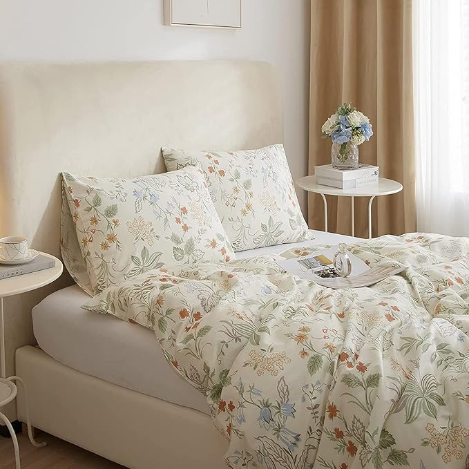LifeTB Chic Floral Duvet Cover Twin XL Cotton Botanical Bedding Sets Vintage Style Aesthetic Comforter Garden Flower Branches Pattern with Zipper Closure 4 Ties