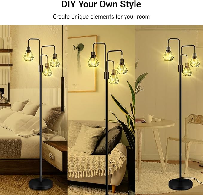 BoostArea Industrial Floor Lamp,Metal Diamond Lampshade,Modern Stand Up Lamp with 3 Light, Bulbs Not Included,Simple Design Floor Lamp for Bedroom, Living Room, Office, Kids Room, Reading