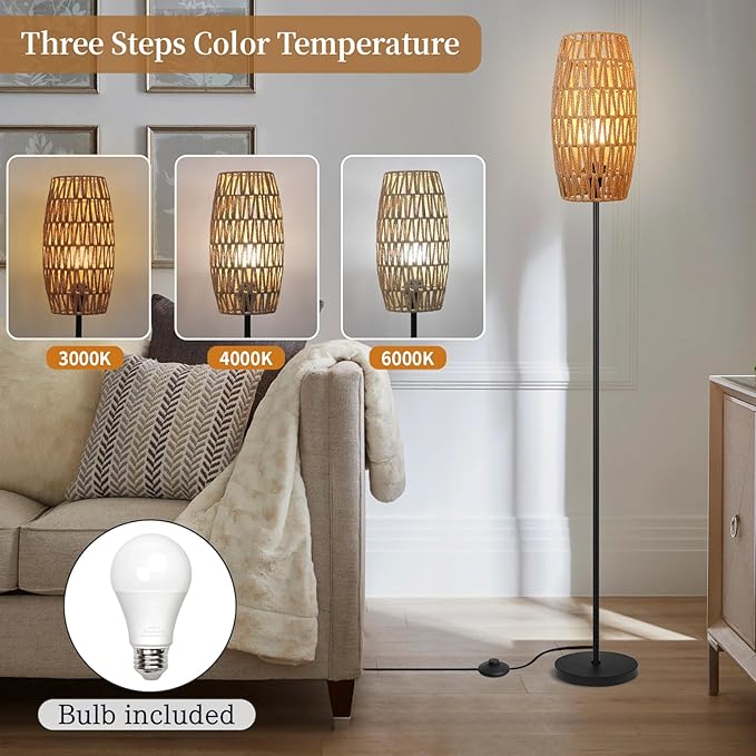 Floor Lamp for Living Room,Farmhouse Floor lamp,Modern Standing lamp with Hand-Worked Rattan Shade (Drum Shade-with Remote)