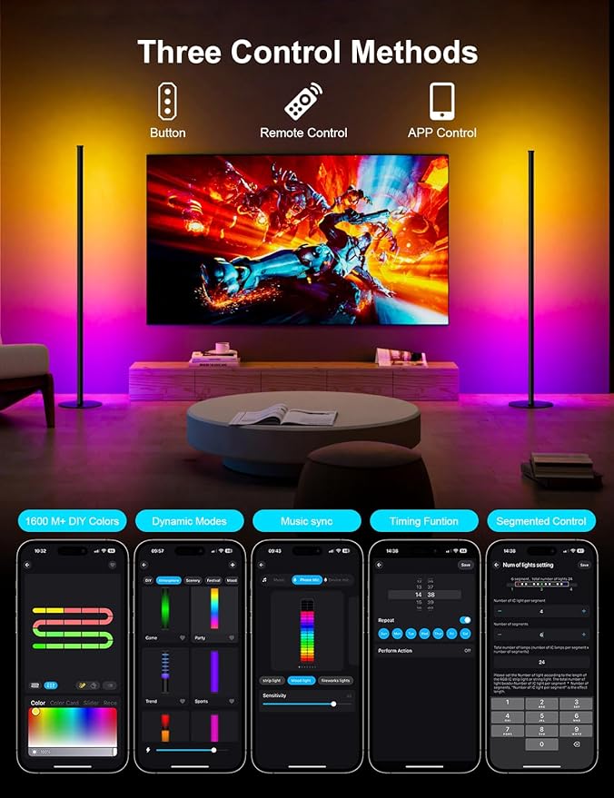 Corner Floor Lamp, Upgraded Corner Lamp APP and Remote Control, 16 Million Colors and Warm White, Music Sync, Timing Function, Color Changing Ambient Light for Living Room Bedroom Gaming