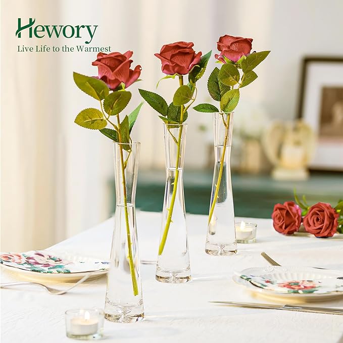 Hewory Glass Bud Vases for Centerpieces Set of 6, Handmade Modern Clear Small Skinny Decorative Single Flower Vase, Minimalist Slim Floral Vase for Home Wedding Party Events Table Decor, 7.87"