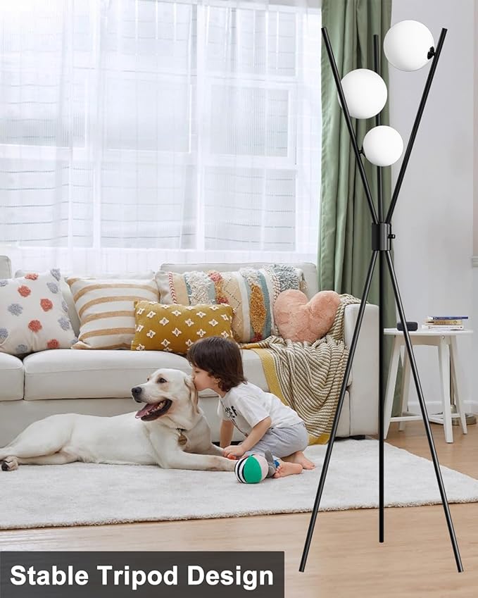 ACOHOOK 3 Globe Dimmable Tripod Floor Lamp, Mid Century Standing Lamps with 3Pcs 3000K Bulbs Included, Modern Tall Lamp for Living Room Bedroom Office-Black