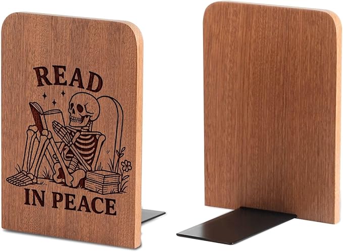 Book Lover Gifts for Women Men, Skull Bookends, Novelty Bookends Unique, Heavy Duty Wooden Book Ends for Shelves Decorative(1 Pair, 4.72x6.69 Inches) - RIP