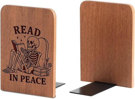 Book Lover Gifts for Women Men, Skull Bookends, Novelty Bookends Unique, Heavy Duty Wooden Book Ends for Shelves Decorative(1 Pair, 4.72x6.69 Inches) - RIP
