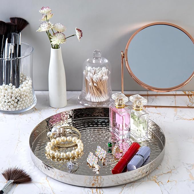MyGift 11 Inch Silver Round Tray - Hammered Metal Serving Tray & Decorative Silver Platter for Vanity Display - Handcrafted in India