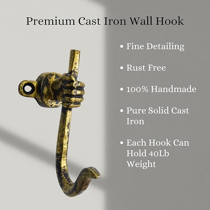 Set of 3 Cast Iron Unique Hand Hook Shape Coat Hooks Wall Art Decor-Hand Shape Hangers and Key Holder-Clothes Rack and Backpack Hanger-Coat Hooks Home Decor for Storage, Living Room (Brass Antique)