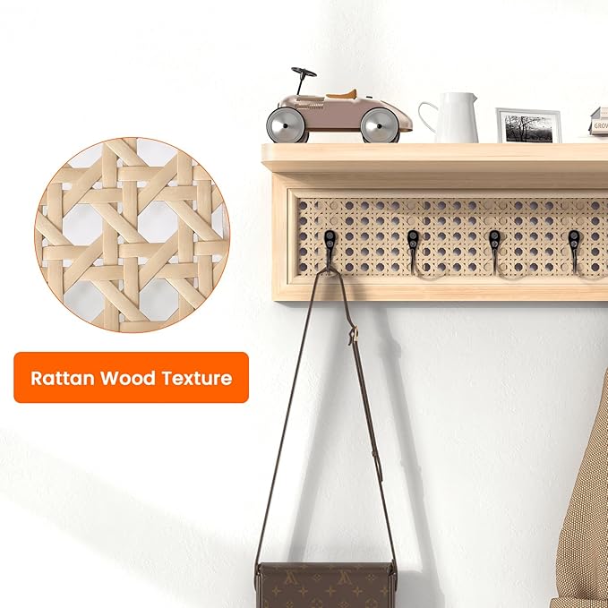 Homode Coat Rack Wall Mount with Shelf, Boho Rattan Entryway Wall Shelf with Hooks, Natural Wood Floating Shelves with 5 Pegs, Hanging Coat Hooks Hat Hanger for Nursery Bedroom Living Room Kitchen