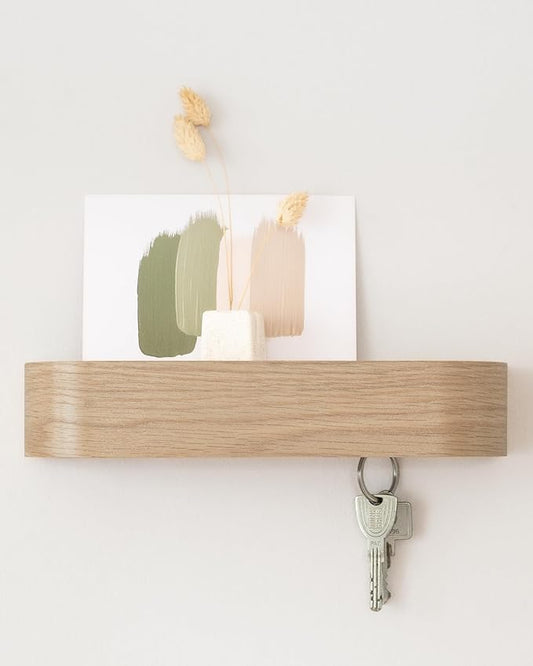 Kazai. Key Holder 'Toke' | Minimalist Key Hook Design from Berlin | Modern Key Holder Wall Mount with Wooden Shelf | Key Rack for Wall as Entryway Organizer | Oak, White