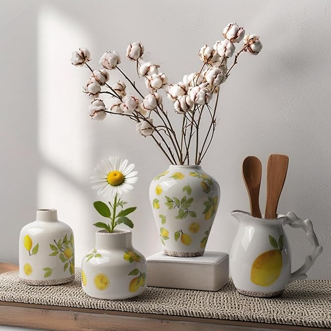 Vintage Lemon Ceramic Vase, Ice Glazed Crack Farmhouse Pitcher Vase for Shelf, Centerpiece Table,Room,Bathroom,Bedroom,Living Room,Office Decorations(7.8 inch)