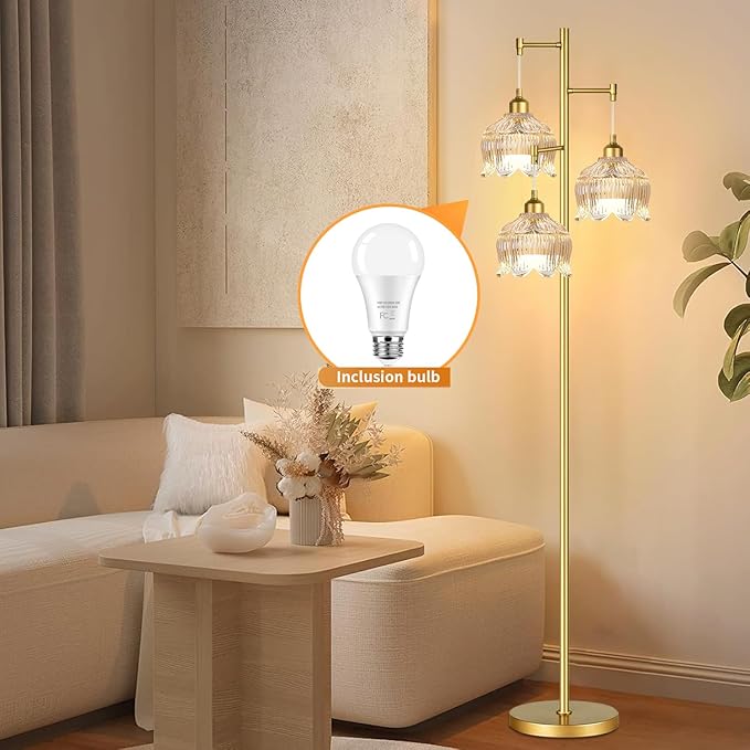 ZECOXOL Gold Floor Lamps for Living Room Bedroom-3 Light Glass Floor Lamp with Three Led Bulb,Mid Century Standing Lamp Vintage Brass Tall Lamp Tree Floor Lamp for Bedroom Corner