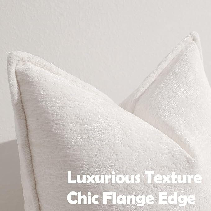 DEZENE Pack of 2 Cream White Decorative Throw Pillow Covers 24x24 Cozy Soft Chenille Accent Vintage Square Couch Pillow Covers for Home Decor Bed Sofa Living Room