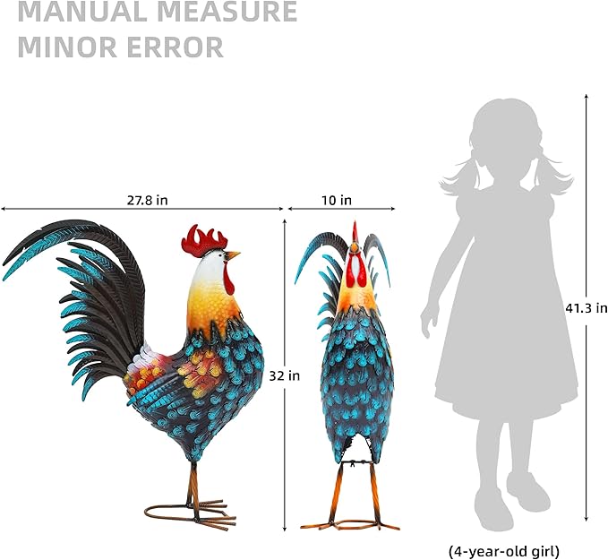 32in Metal Rooster Decor, Outdoor Garden Statues, Metal Chicken Sculpture for Backyard Patio Garden Kitchen Décor